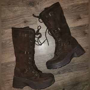 Report ladies Y2K vintage suede brown faux fur lace up wedge boots 8